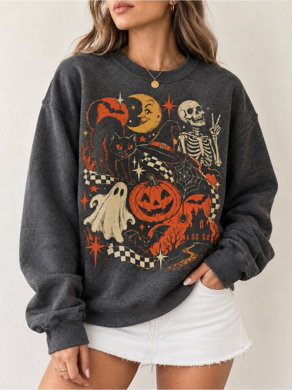 Skeleton Ghost Pumpkin Cat Charcoal Spooky Fall Aesthetic Gildan Sweatshirt